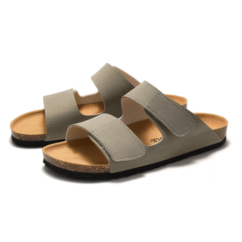 new summer Men Casual Cork Slipper Suede Leather Slippers Beach Sandals Men Slippers Flip Flops Students Double Strap Beach Shoe