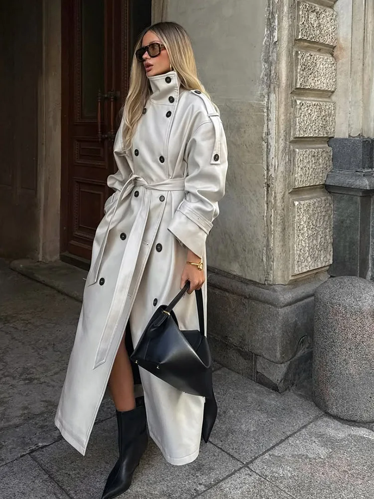 

Autumn New Beige Lapel Long Trench Coats With Belt Fashion Double Breasted Loose Women Windbreaker Winter Female Overcoat