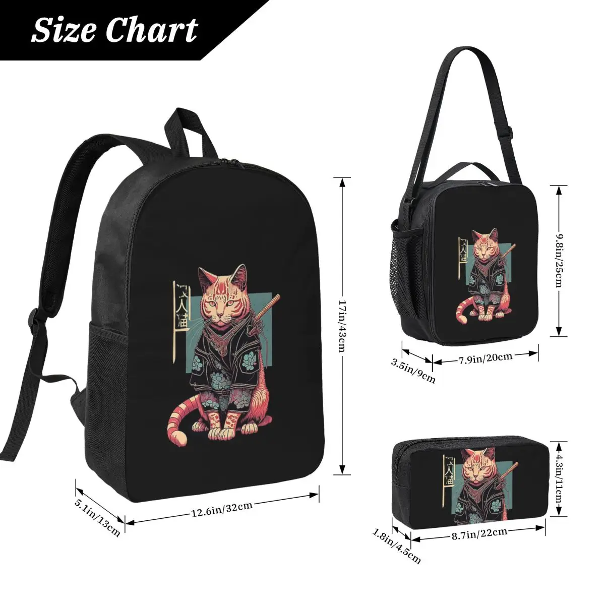 

Cats Anime Samurai Sword Backpack Student Boy Girl BookBag School Bag Computer Shoulder Bags 3ps Insulated Lunch Bag Pencil Case
