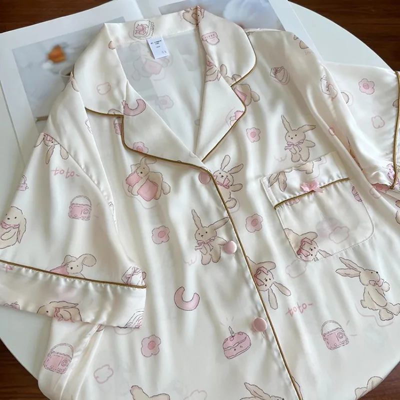 

Korean Cartoon Cute Rabbit Pajamas Lapel Shirt and Short Pant 2 Piece Sets Sweet Home Clothes Women Short Sleeve Kawaii Japanese