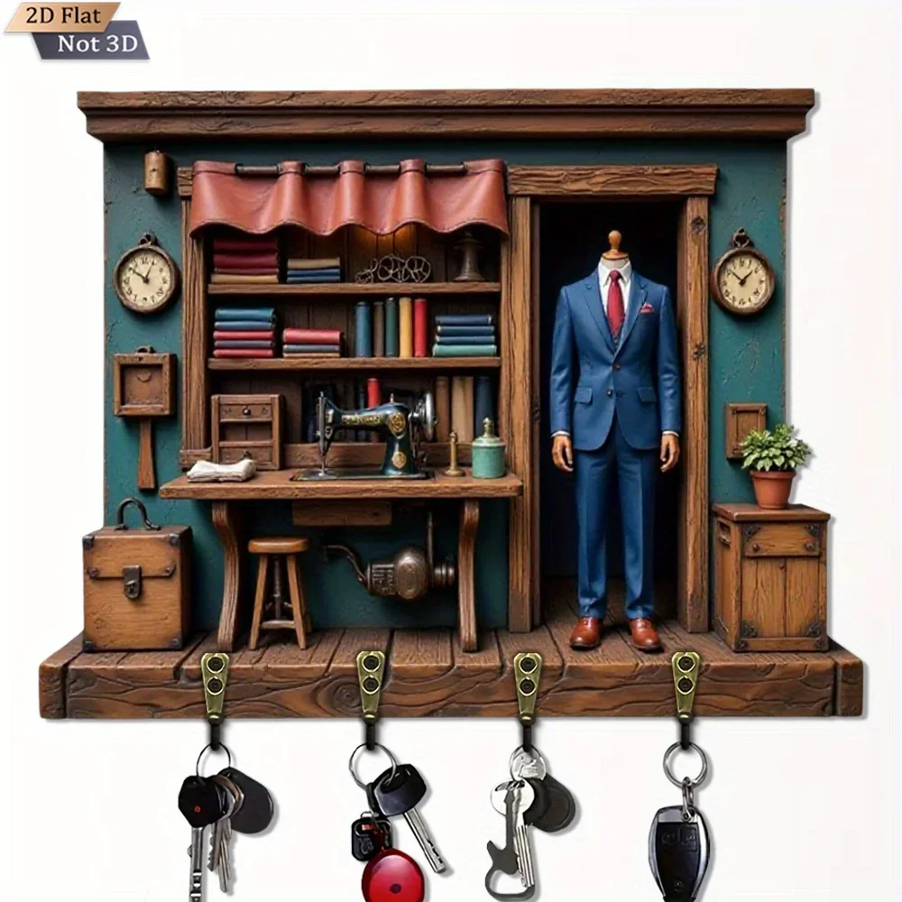 2D Flat Design, 1pc, Vintage Wooden Tailor Shop Key Hook, Multi-Functional Wooden Home Key Holder with Four Metal Hooks,