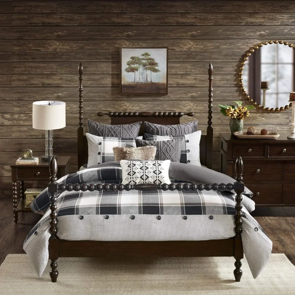 Cozy Comforter Set - All Season Bedding Removable Duvet Cover, Shams, Decorative Pillows, Plaid Brown/Black Queen Comforter