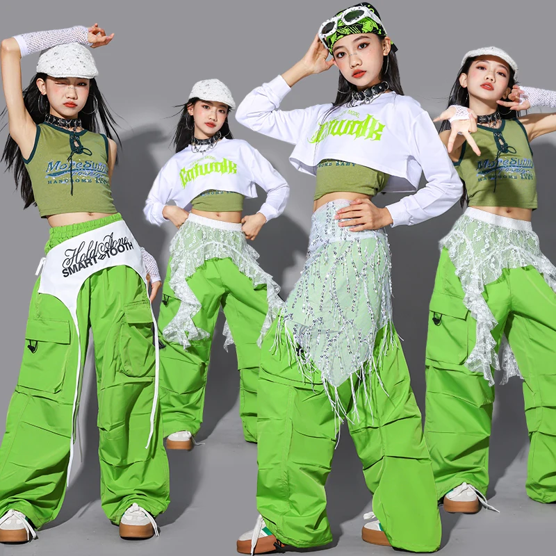 

Одежда для джазовых танцев 2025 года, модная одежда для девочек Kpop, зеленый жилет, белый топ, брюки в стиле хип-хоп, детская одежда для выступлений 2918