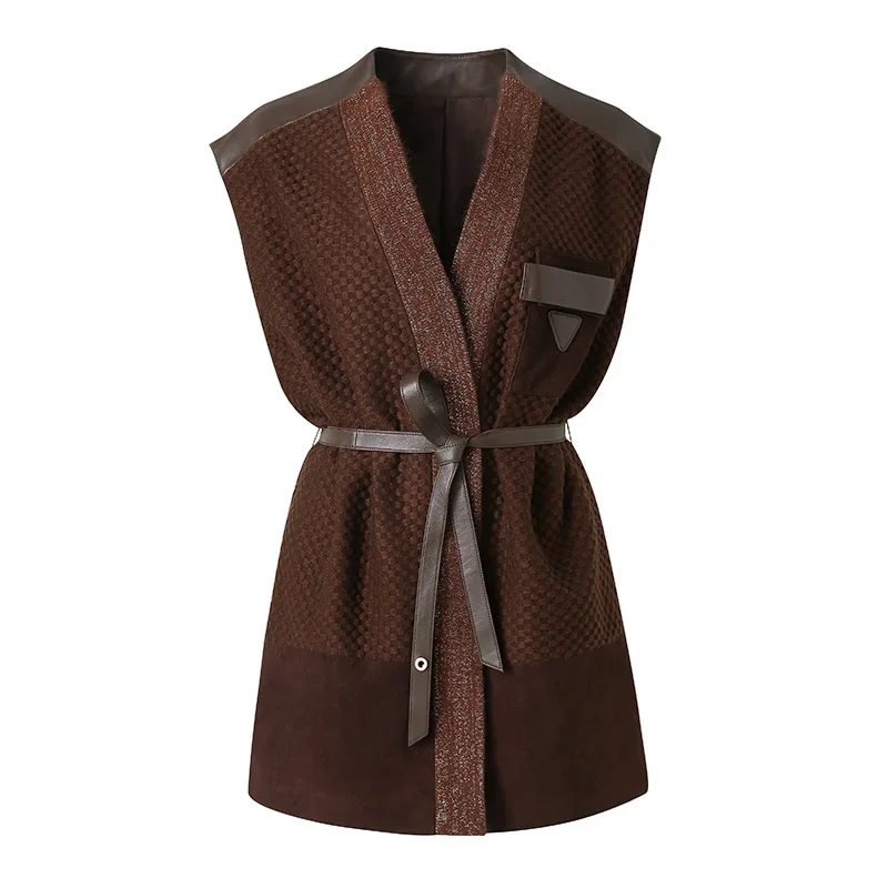 2024 Women Winter Cashmere Leather Vest Female Lambskin Suede Belt Wool Warm V-neck Sleeveless Jacket