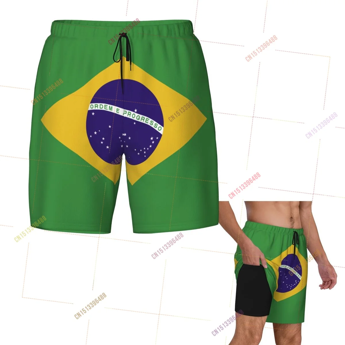 2026 Brazil Flag Top Print 3D Mens Swimming Trunks Hawaiian Bathing Beach 2 in 1 Quick-Dry Summer Swim Shorts With Pockets