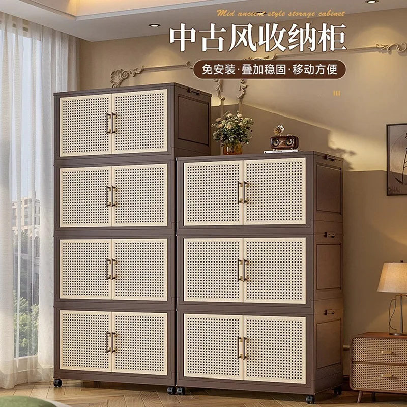 Vintage Style Folding Woven Storage Cabinet for Living Room Snacks Toys Wall Mounted Multi Tier Organizer for Home Use
