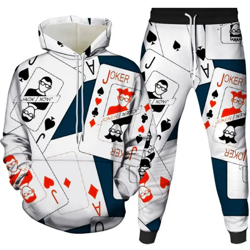 New Men\'s Hoodie Set Poker&Money Print Tracksuit Fashion Outfit Casual Stylish Long Sleeve Suit Comfortable Clothing With Hat