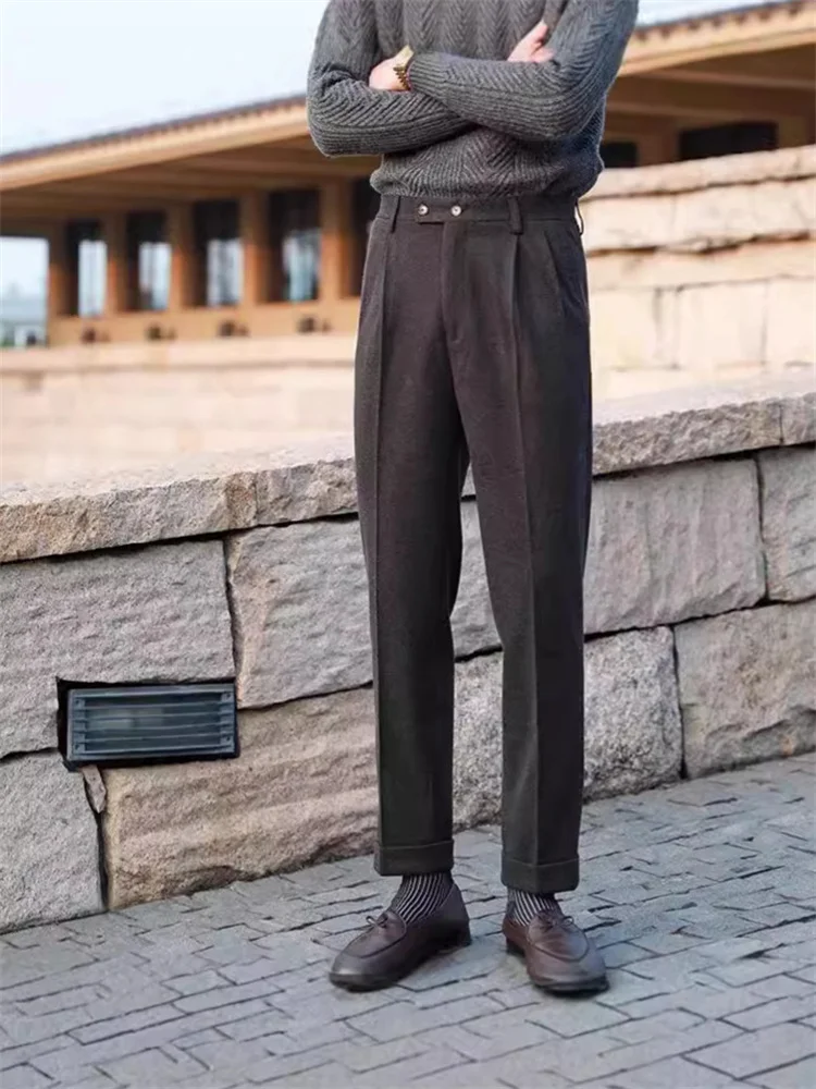 

Новые мужские костюмные брюки с высокой посадкой, прямые мужские брюки, облегающие шерстяные мужские брюки, повседневная деловая одежда в стиле ретро, 2025 г.