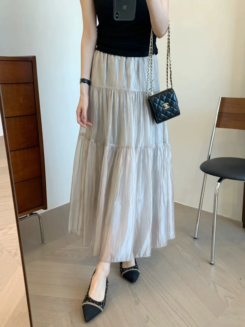 Women Mesh Tiered Long Skirt High Waist Flowy A Line Maxi Skirt Casual Solid Color Pleated Skirt for Summer