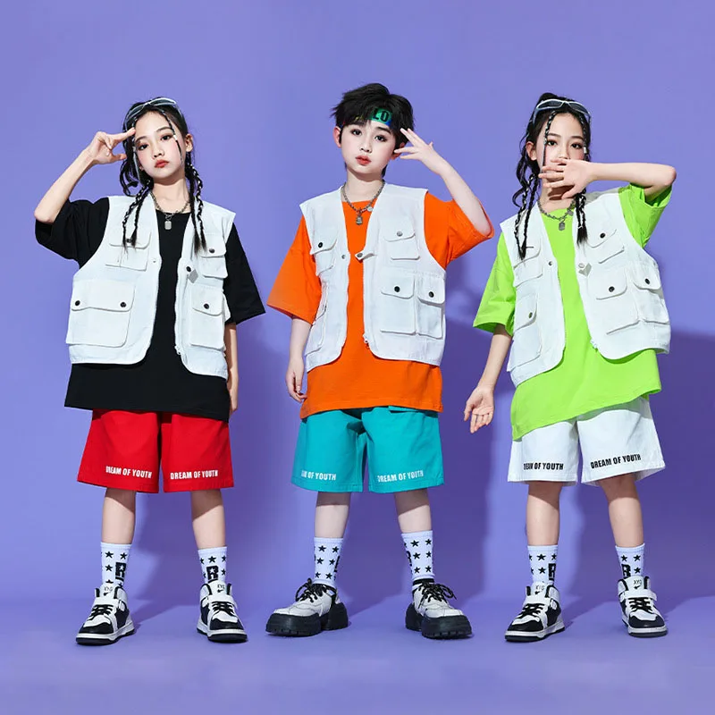 

Kid Hip Hop Clothing White Sleeveless Jacket Cargo Vest Casual Summer Pocket Shorts for Girl Boy Jazz Dance Wear Costume Clothes