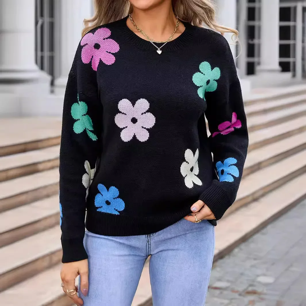 Casual Loose Flower Knitted Sweater Pullover for Winter Women\'s Pullovers 2024 New O-neck Full Sleeve Sweater Tops for Women