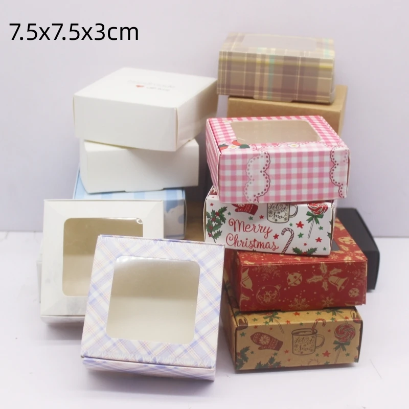 10pcs 7.5x7.5x3cm DIY Handmade Gift Packaging Box Kraft Paper Box Christmas Happy Gift Candy Cake Packaging Box