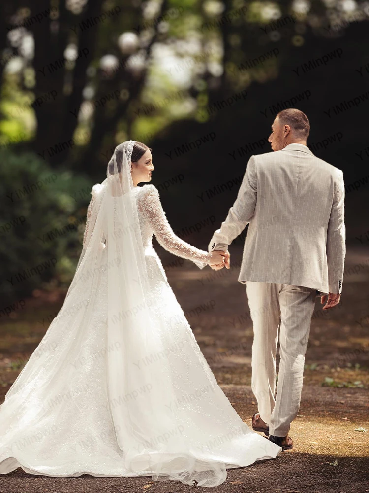 Luxury Wedding Dresses with Square Collar Log Sheer Sleeve Bride Dress Flowers Church Bridal Ball Gown Customized robe de mariée
