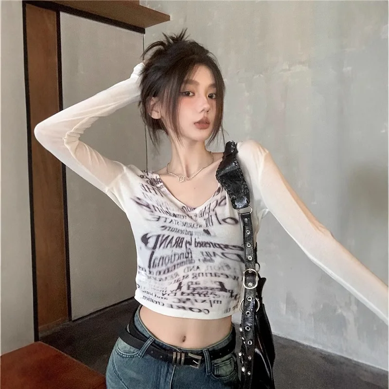 تي شيرت American Spice Girl بأكمام طويلة تي شيرت نسائي صغير للربيع والصيف مع قميص أساسي بتصميم نحيف مع قطع علوية قصيرة قصيرة #2