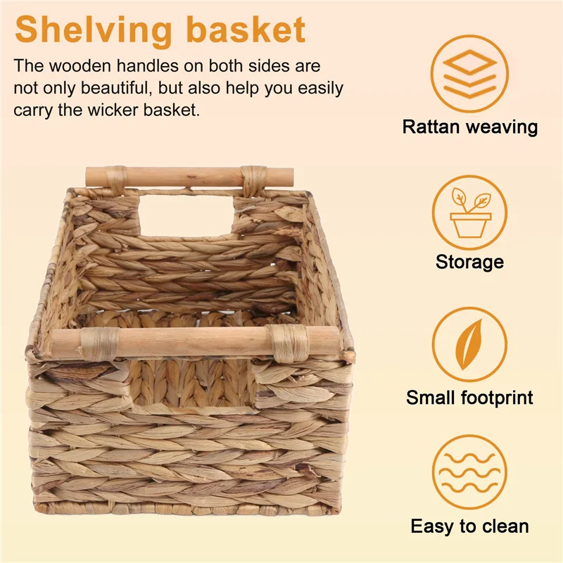 ABWR-ตะกร้าหวายสี่เหลี่ยมพร้อมที่จับไม้สําหรับชั้นวาง,ตะกร้าผักตบชวาน้ําเก็บ,ตะกร้าธรรมชาติ