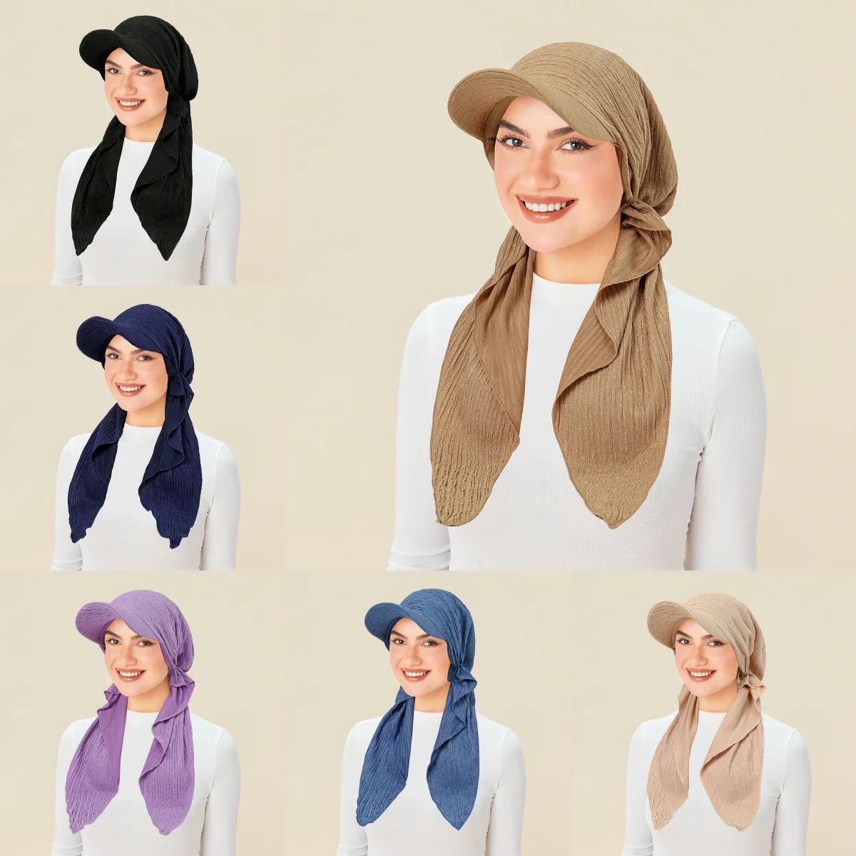 Nuovo Winkle Pre-Legato Cappello Musulmano Hijab Donne Bordo Visiera Foulard Turbante Cofano Islam Avvolgere la Testa Coda Lunga Copricapi Turbante Mujer
