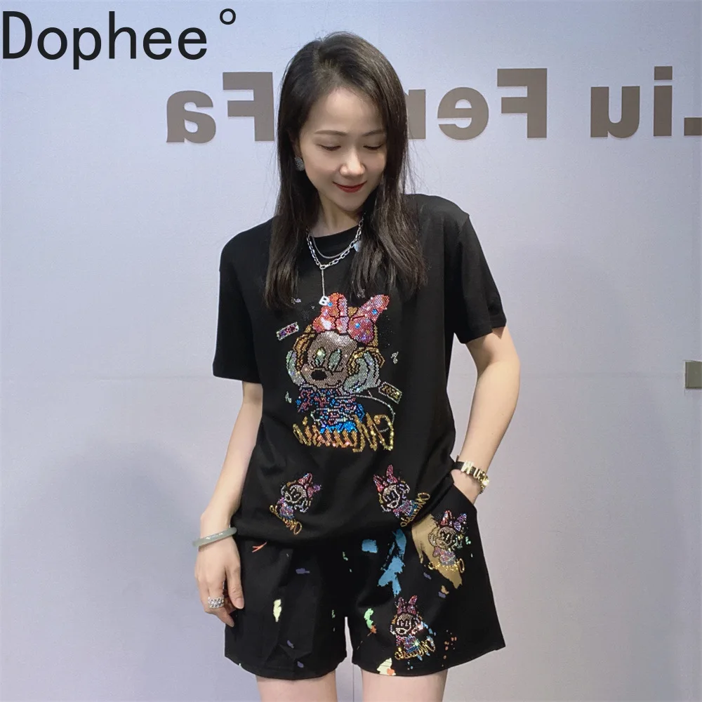 

Fashion Summer Women Two-piece Set Cute Cartoon Hot Drilling Short Sleeve T-shirt Top + Elastic Waist Casual Wide Leg Shorts