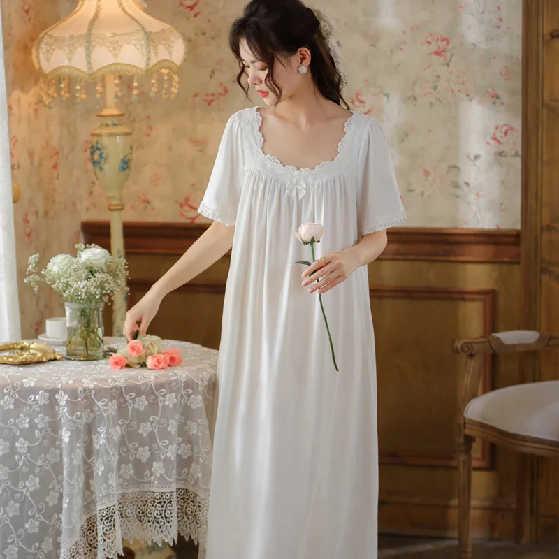 Sweet Ruffles Cotton Long Night Dress Women Summer Short Sleeve Loose Peignoir Sleepwear Princess Vintage Victorian Nightgowns