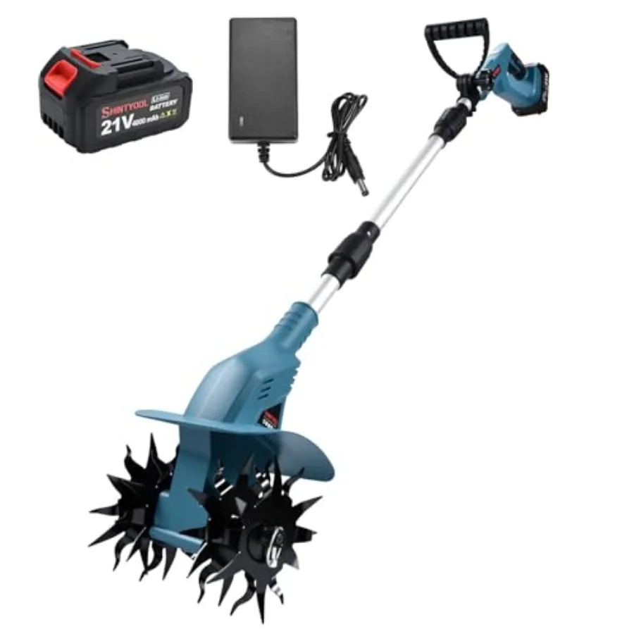 21v Cordless Tiller 8-Inch Wide 4.0 Ah Battery Powered Garden Cultivator Cultivator with Steel Tines and Battery Capacity Displ