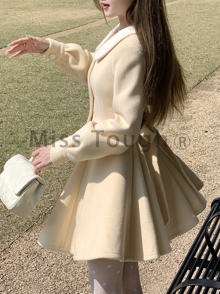 Winter Fashion Light Yellow Woolen Coat Dress Women\'s New Sweet Elegant Party Dresses Designer Harajuku Casual Slim Clothes 2024