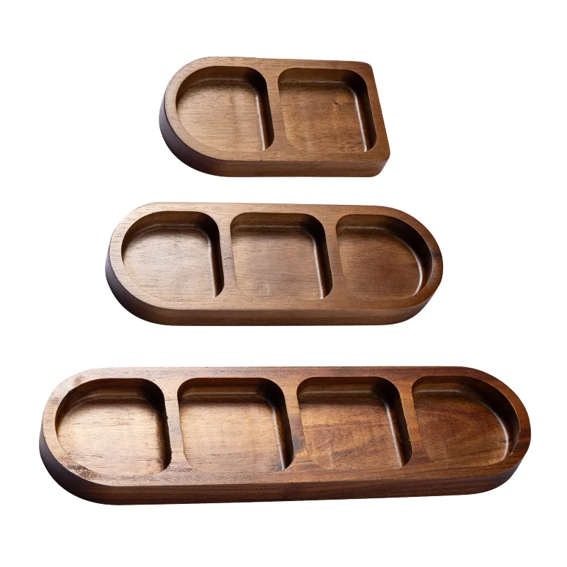 

2/3/4Grid Solid Wood Rectangle Tray Condiment Plate Breakfast Food Sushi Bread Dessert Sauce Plate Kitchen Dinner Seasoning Dish