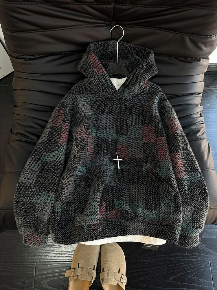 

2025 Autumn Winter New American Retro Plaid Knitted Hoodie ex Heavyweight Fluffy Couple Outerwear Casual Sle Zipper Clo...