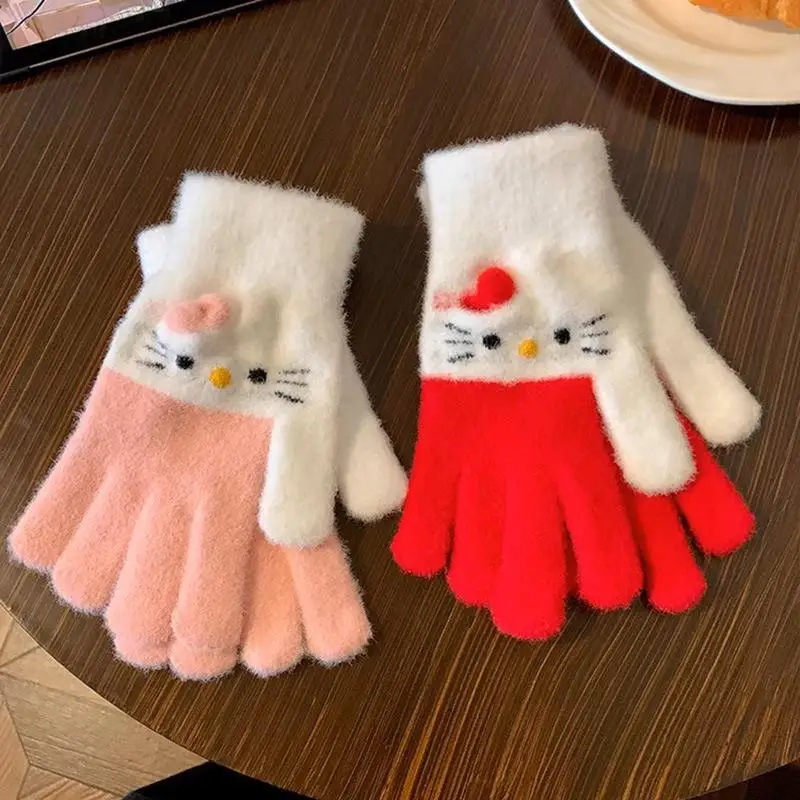 Sanrio Hello Kitty Cute Cartoon Cat Splicing Thick and Warm Knitted Gloves Autumn and Winter Cycling Finger Plush Gloves Gift