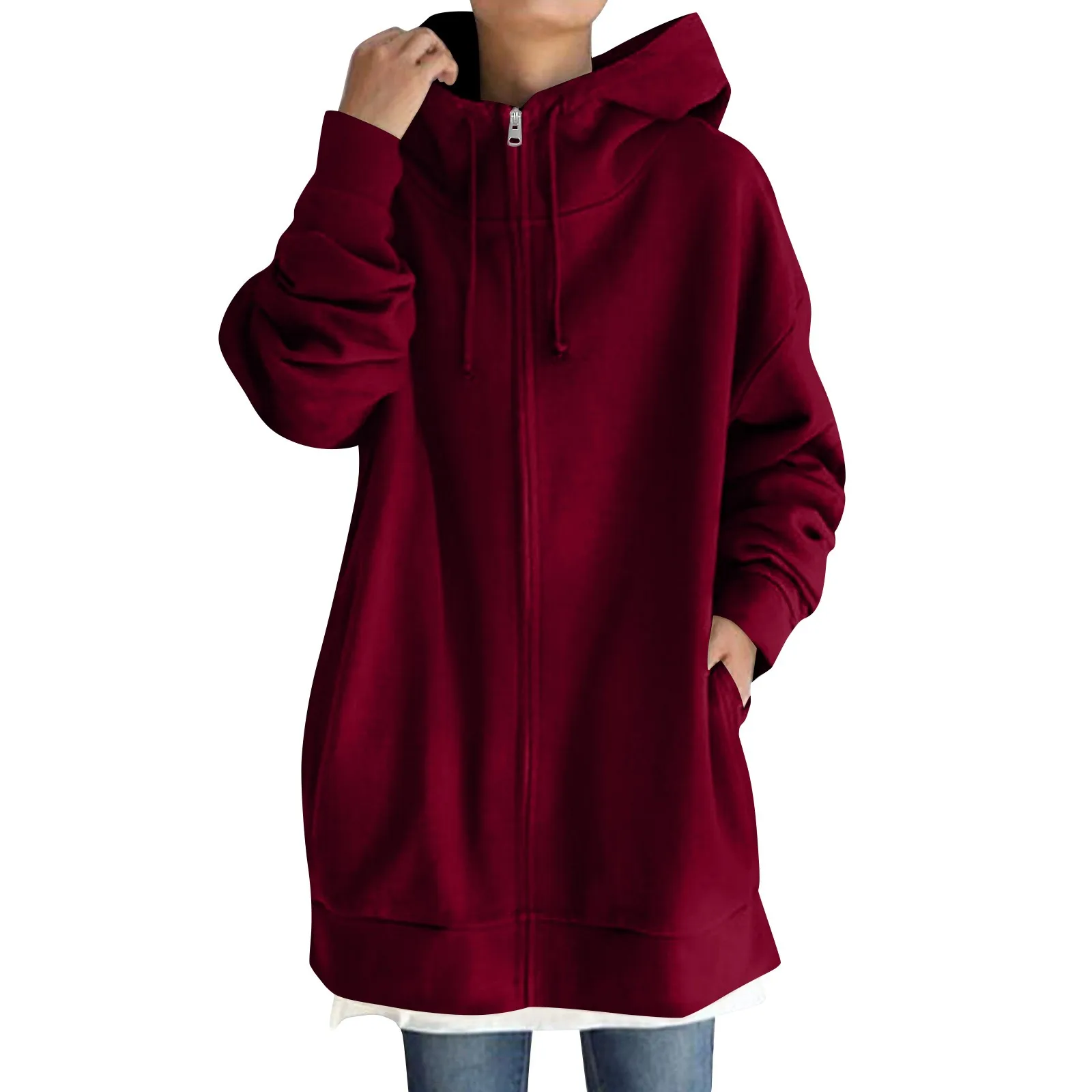 Plus Size Long Hoodies Tunic Fashion Long Sweatshirts Solid Color Fleece Knitted Zip Up Jackets With Pockets For Women