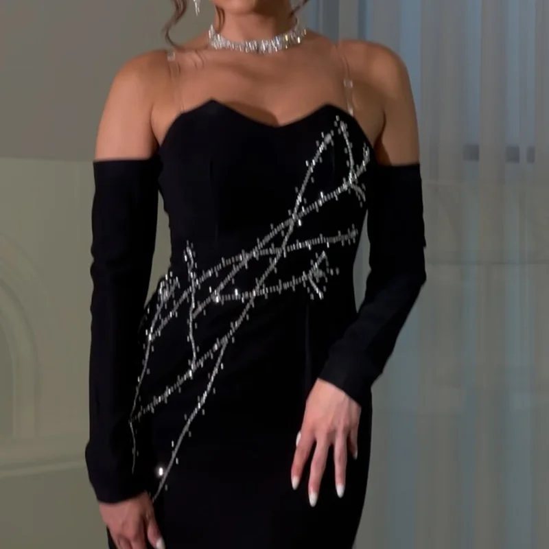 Elegante vestido de baile preto até o tornozelo para mulheres, vestidos de festa frisados querida, vestidos até o tornozelo, Arábia Saudita, elegante