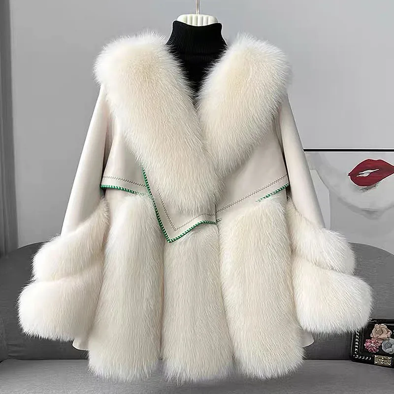 New fashion real fox fur coat and 100% real sheepskin made for fur one-body fur jacket lined with down fur for women fur coat