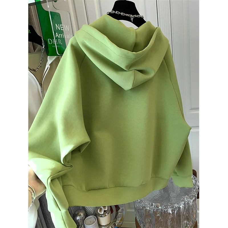 Sudadera Extra grande de algodón con capucha y cremallera de conejo bordado de 300 bolsas para mujer, sudadera holgada de gran tamaño para ocultar carne a la moda