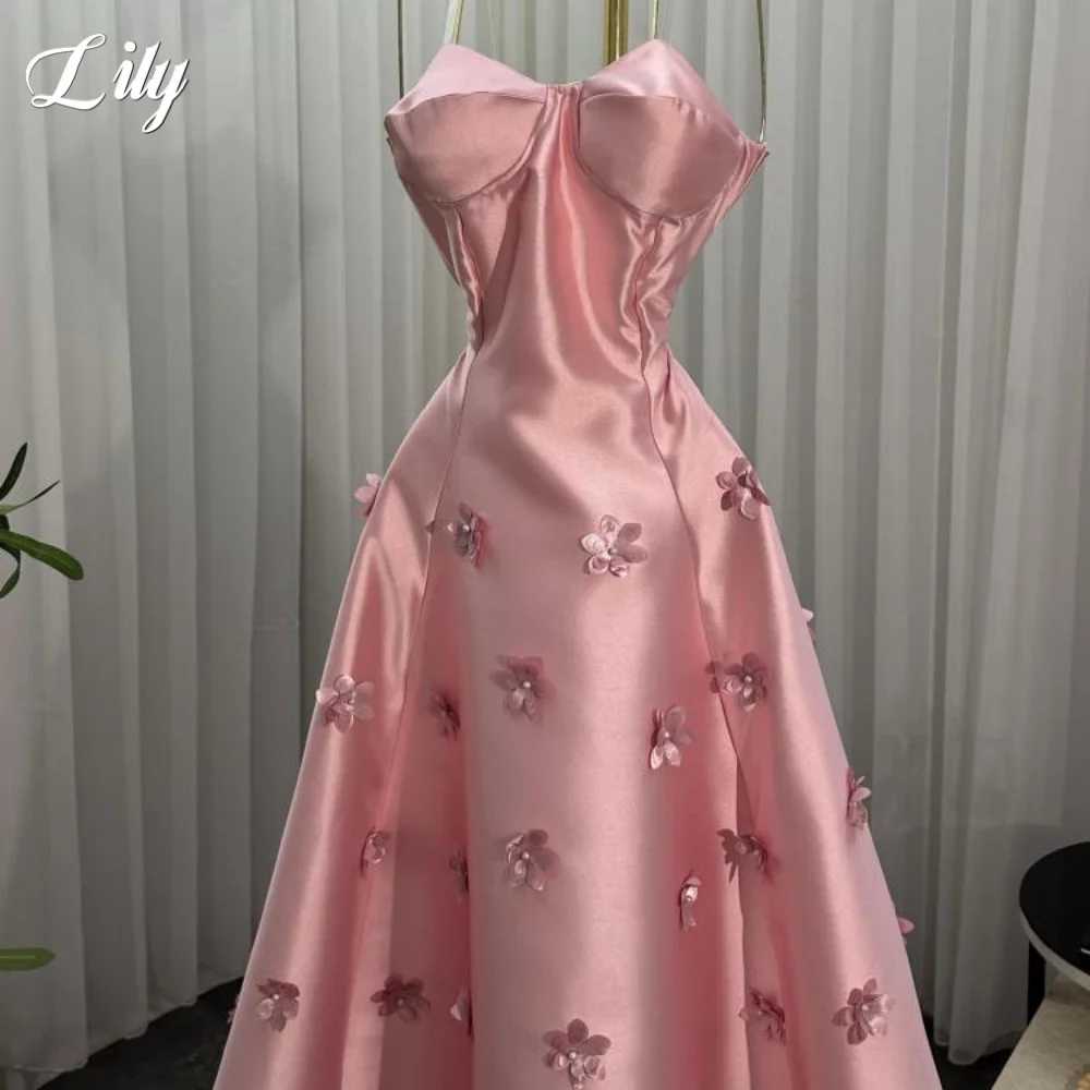 Lily Pink A-Line Simple Prom Dress Sweetheart Sleeveless Evening Gowns with Appliques 3D Flowers Satin Party Dress Customized