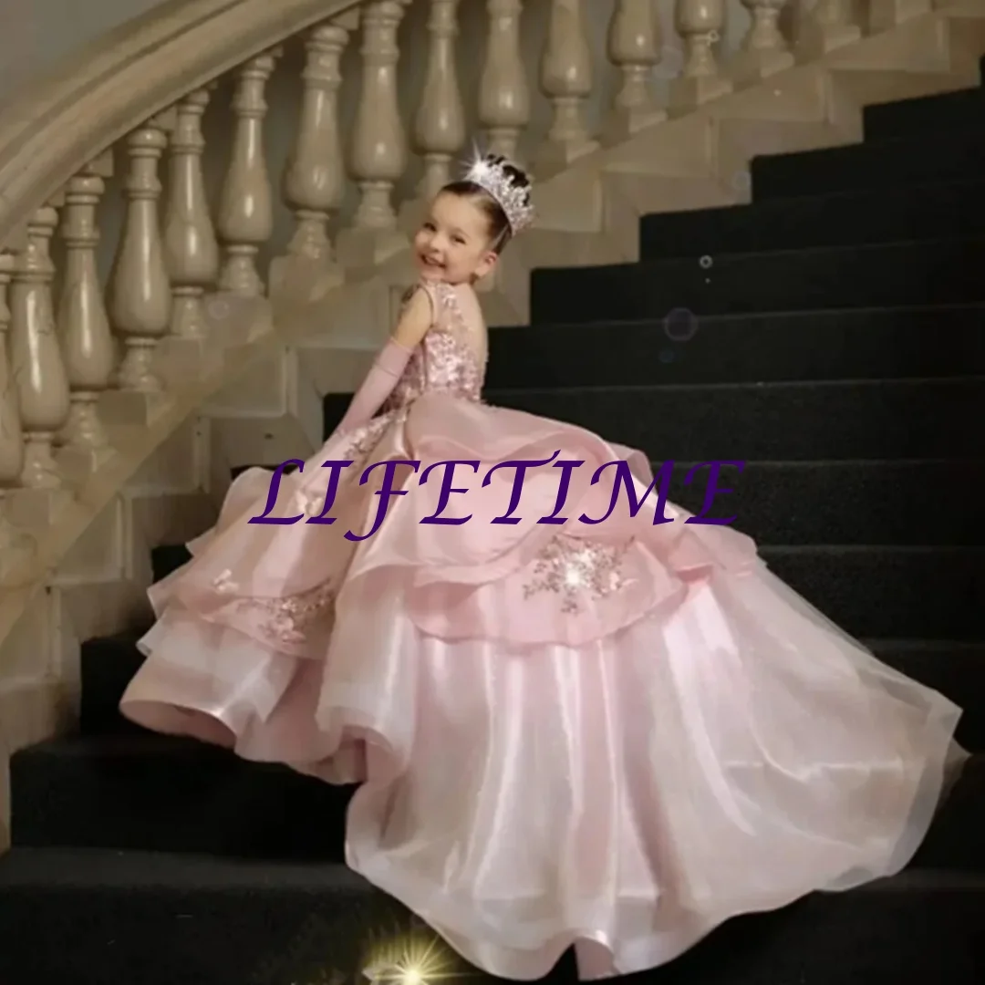 

Customized Dark Green Flower Girl Dress For Wedding Floral Appliques Floor Length Classic Princess Birthday First Communion Gown