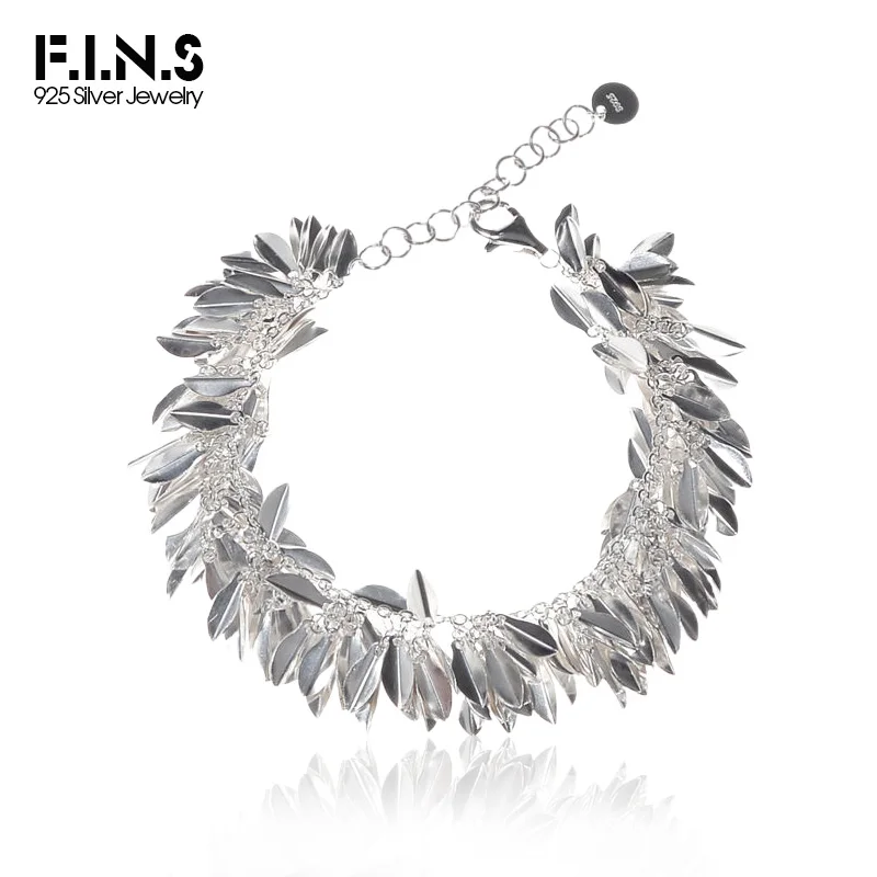 F.I.N.S Unique Grass Skirt Series Design Pure S925 Sterling Silver Bracelet Leaves Tassel Adjustable Hand Boho Fine Jewelry