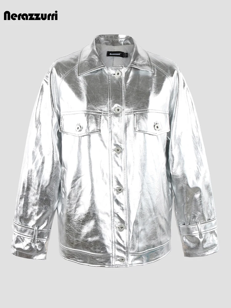 

Nerazzurri Autumn Winter Shiny Reflective Silver Patent Pu Leather Jacket Women with Raglan Long Sleeve Unisex Quilted Clothes