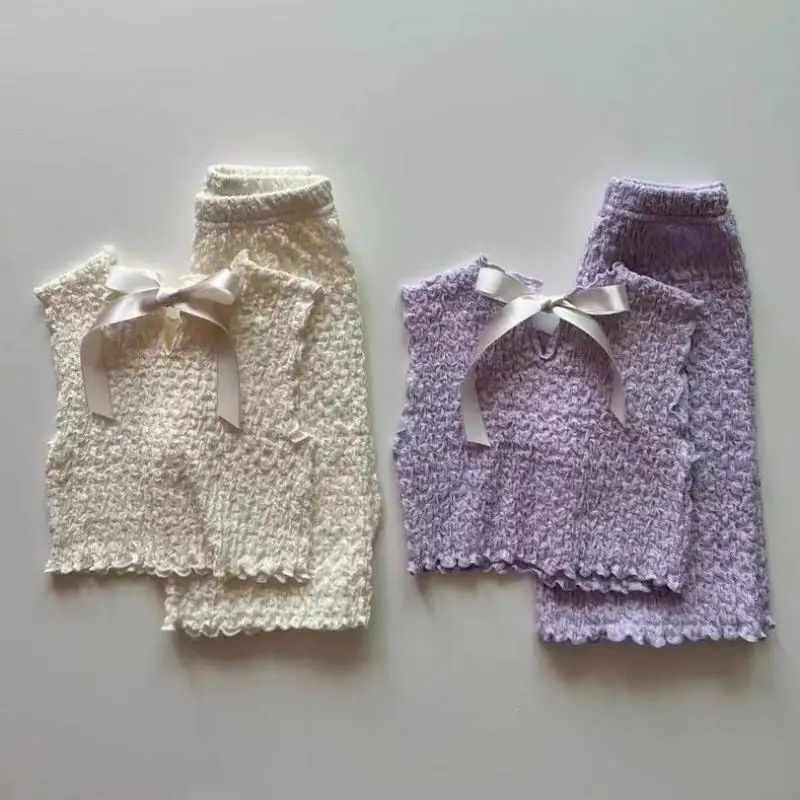 

2025 Summer New Baby Girl Sleeveless Clothes Set Infant Girl Cute Bow Vest + Cropped Pants 2pcs Suit Toddler Thin Solid Outfits