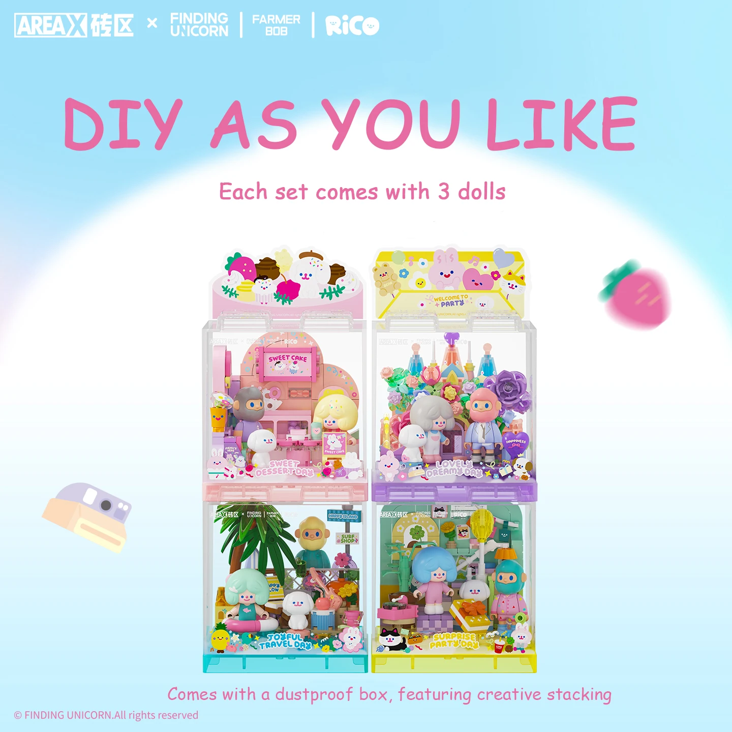 AREAX FINDING UNICORN FARMER BOB RiCO Happy Holiday Assembly Building Blocks Stack Brick Box Desktop Decoration Toys Adult Gifts