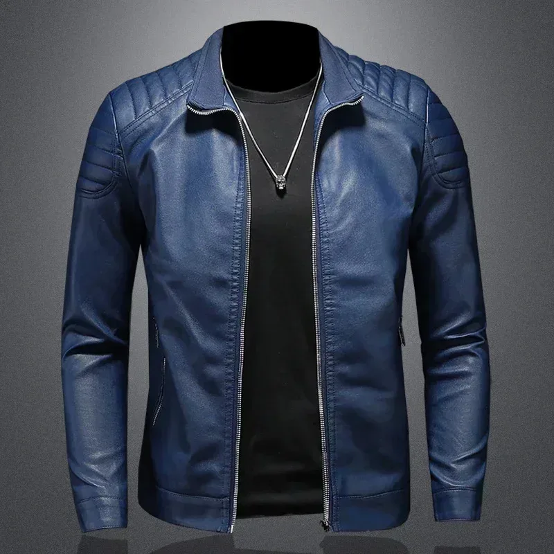 Men's Trendy Stand Collar Leather Jacket Slim Fit Korean Style Spring Autumn Jacket Handsome Men's Fashion Outerwear