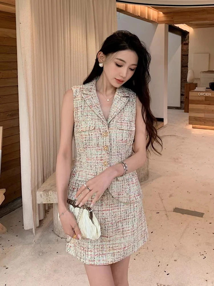 Summer New Fashion Contrast Color Sequin Fake two pieces Dress Women Elegan Temperament Sleeve High Waist Slim Robe Ladies 2024