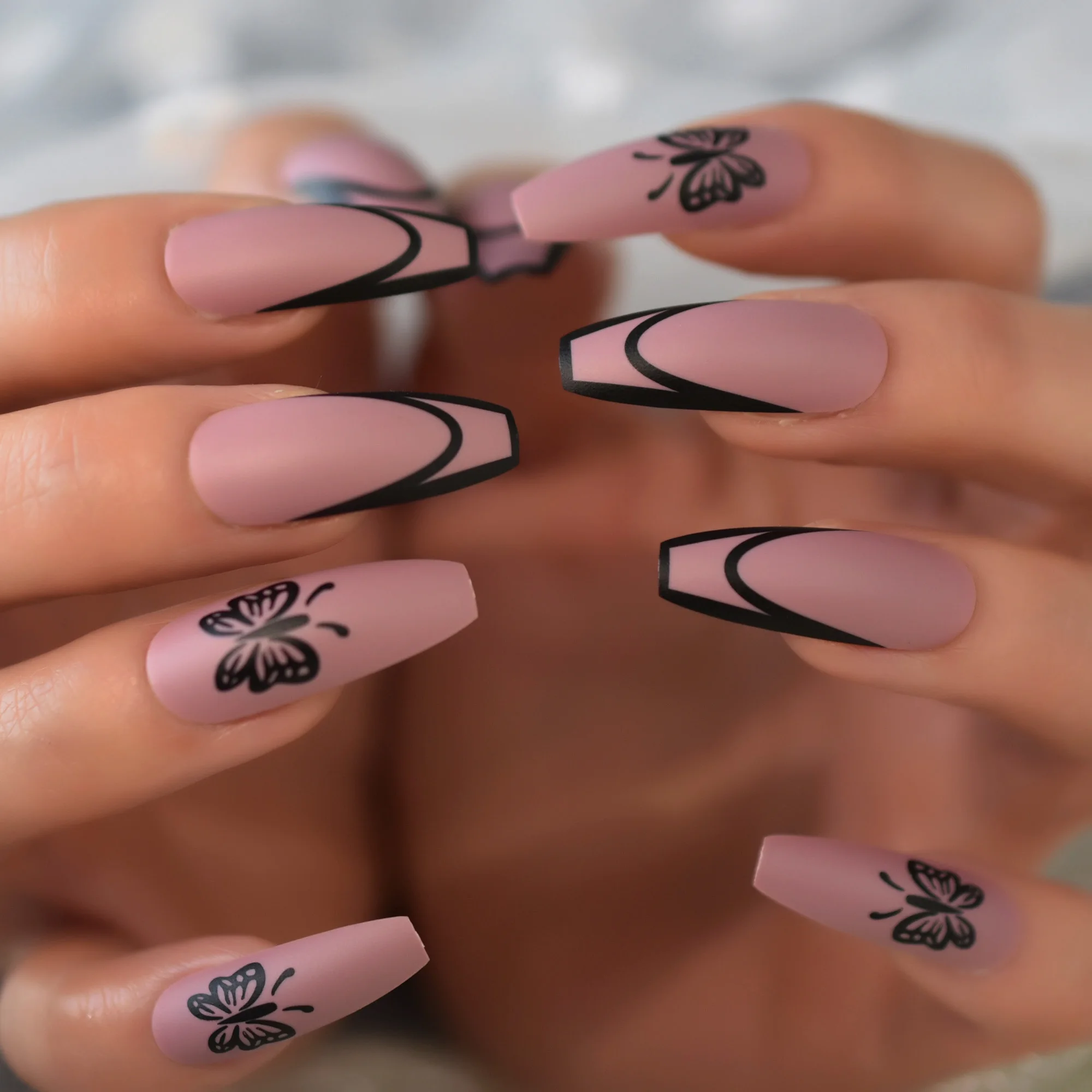 Long Ballerina Pre-designed Fake Nails Matte Butterfly Press On Nails Decal Coffin Shape Purple False Nail