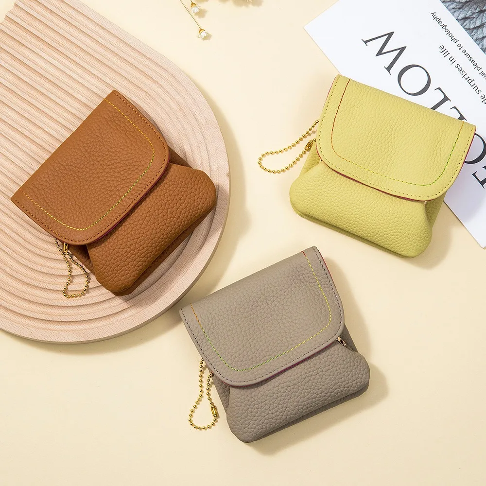 Dompet koin Mini kulit asli, tas dompet koin Mini kulit asli, tas tempat kartu, dompet uang kecil kulit sapi portabel untuk anak perempuan, kantung Earphone pendek