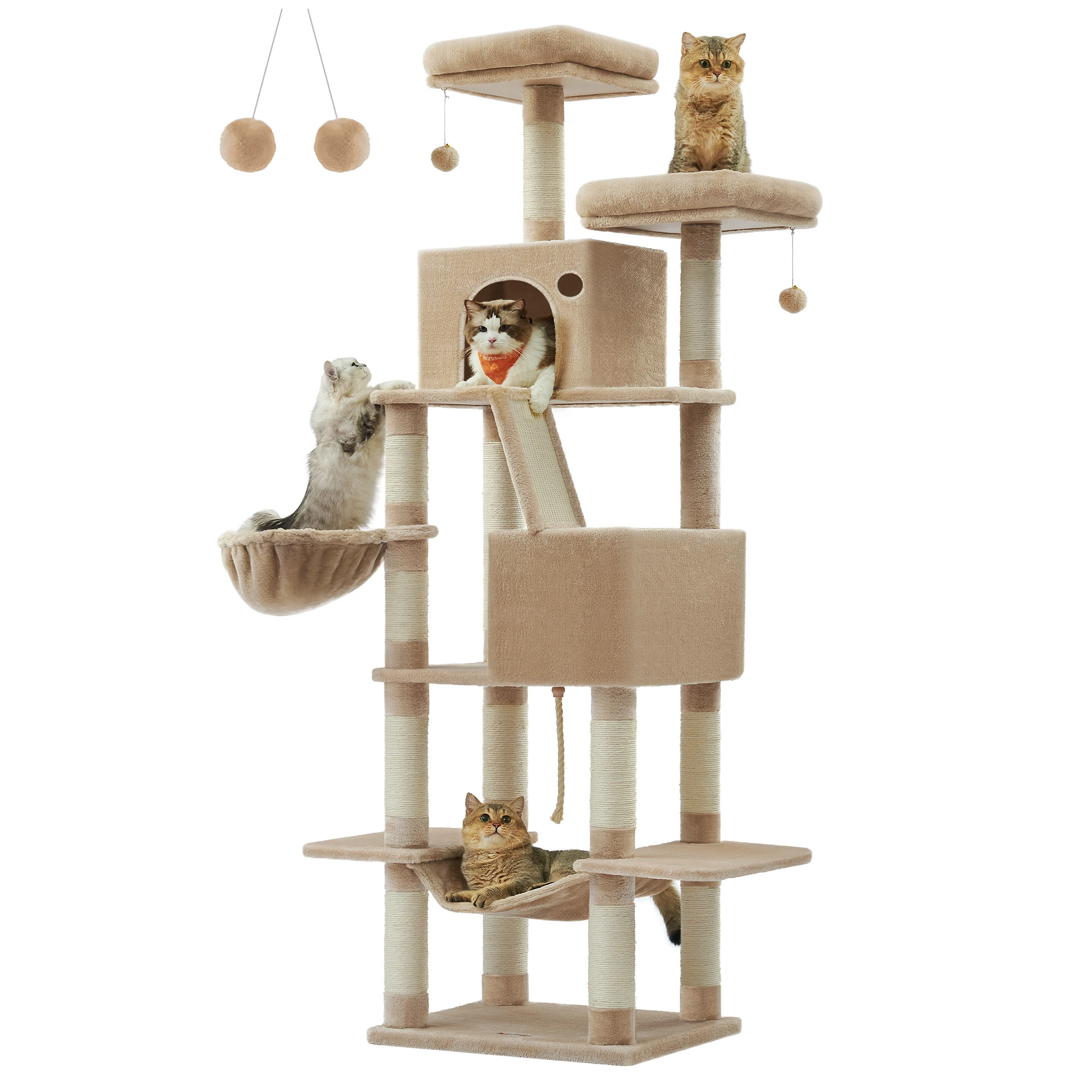 Feandrea Krabpaal Groot, 206 Cm Hoog, Xxl Kattenboom, Met 13 Krabpilaren, 2 Platforms, 2 Grotten Mand Hangmat Pluche Ballen