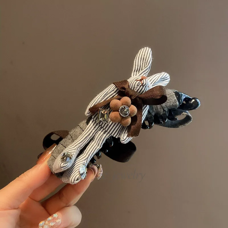 

Fashion NicheinsCartoon Striped Bunny TemperamentabBowknot Banana Clip Sweet Forest Style High Ponytail Clip