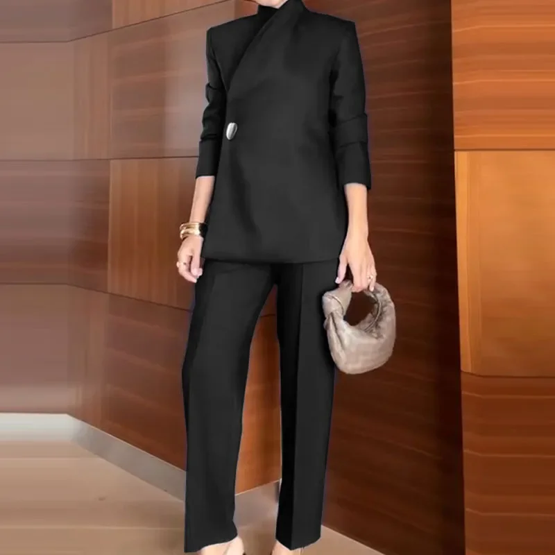 

Женский модный шикарный комплект из 2 предметов на пуговицах на талии, элегантный пиджак с v-образным вырезом, пальто и длинные брюки, повседневный однотонный костюм с длинными рукавами для поездок на работу