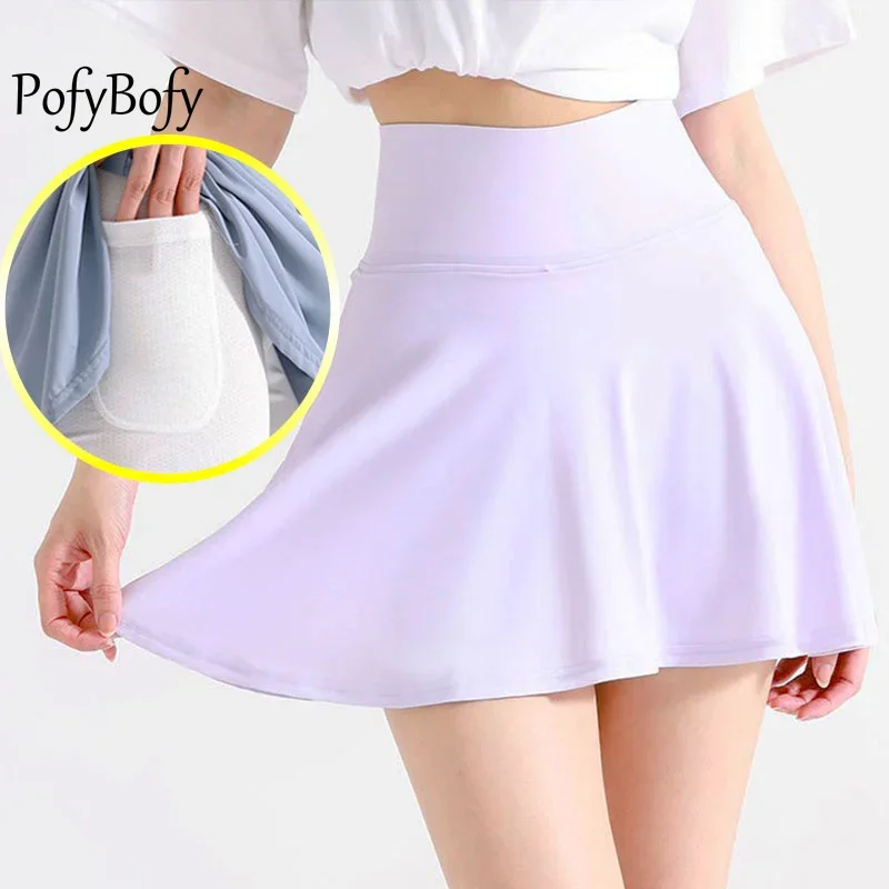 

PofyBofy Inner Pocket Waist Zipper Pocket Fake Two Piece Fashion Smooth Elastic Softness Flared Yoga Date Golf Run Short Skirts