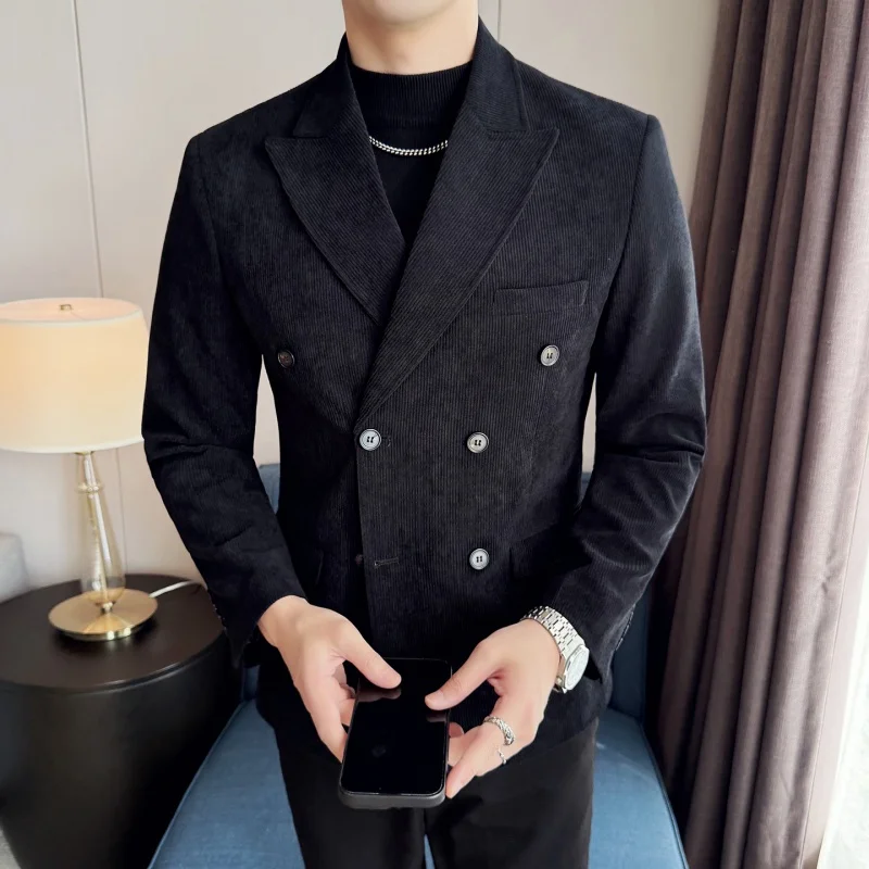 

High-quality party wedding casual trendy new double-breasted pointed-collar suit corduroy casual versatile suit