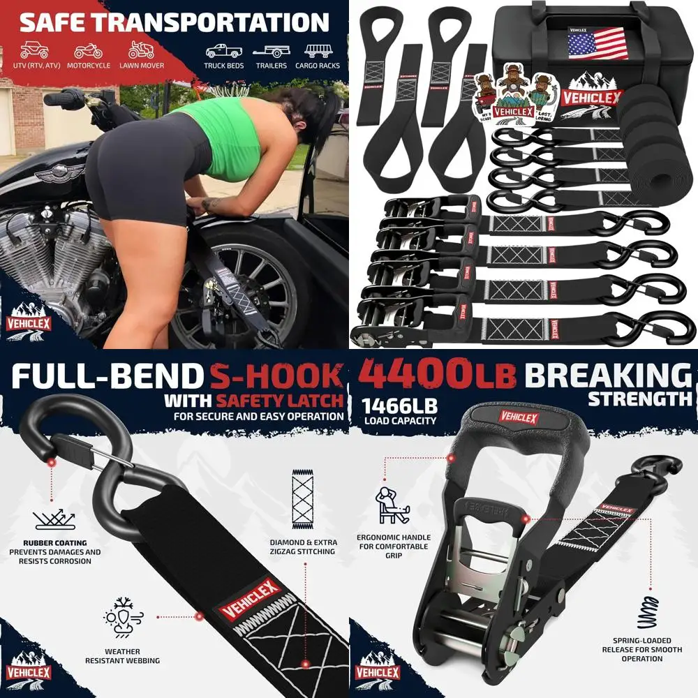 

Motorcycle Ratchet Tie Down Straps with Soft Loops - 4PK Heavy Duty 1.5" x 8ft Kit, 4,400 lb Breaking Strength for Powersports,