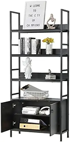 

Bookshelf with Cabinet, 4-Tier Bookcase with 2 , 71\u2019\u2019 Metal Shelves for Wall , Modern Garage , Multi-Functional Closet