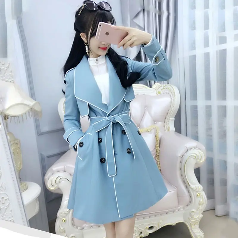 

2023 New Spring And Autumn Blue Women Windbreaker Mid-Length Slim Female Trench Coat Women Clothing