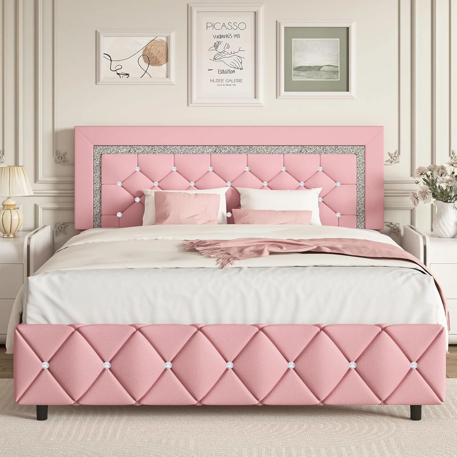 Full Size Bed Frame, Upholstered Platform Bed with Button Tufted Headboard - Princess Platform Bed with Crystal Design-Wooden